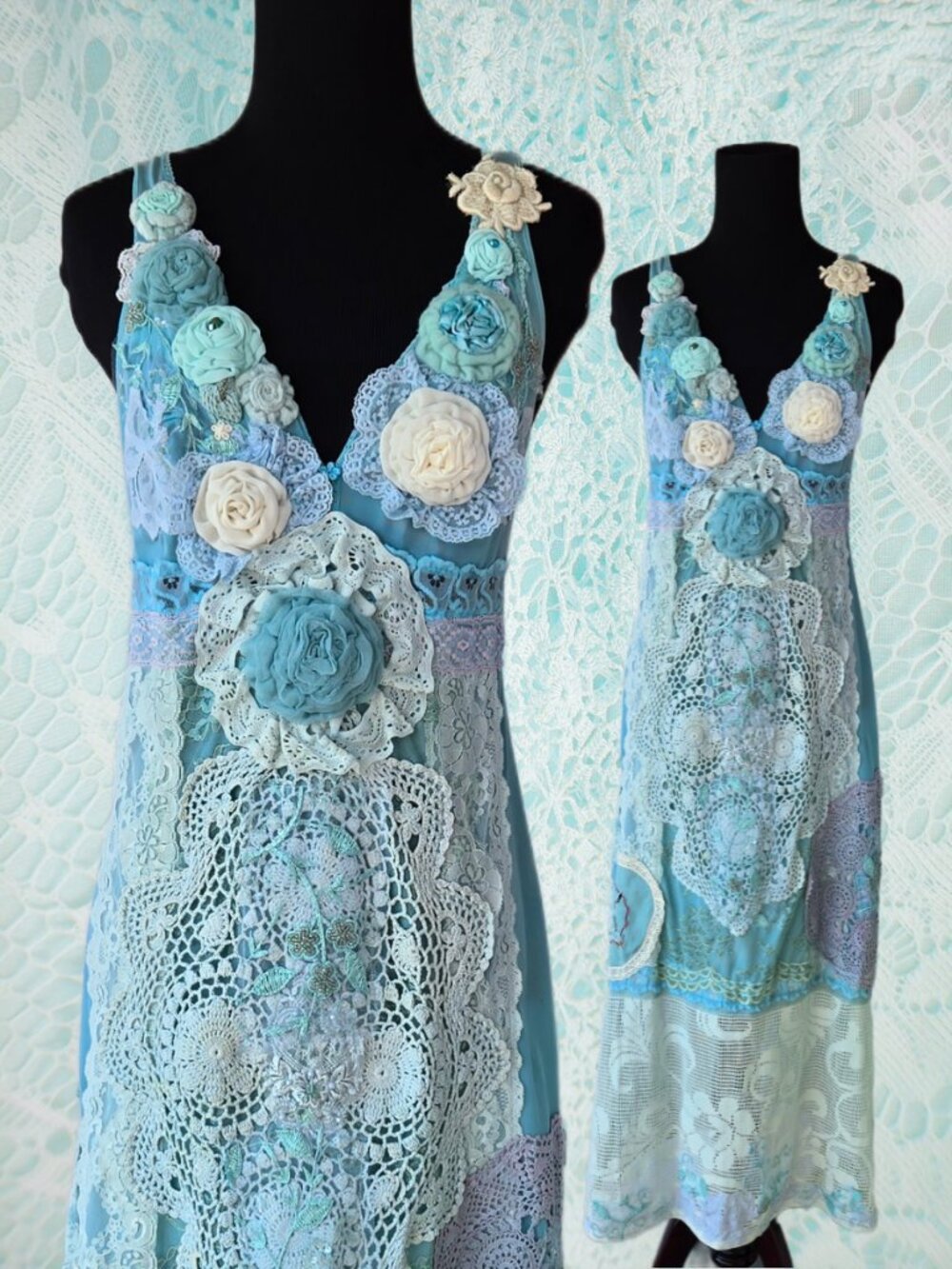 Ocean Blue Handmade Dress Vintage Embroideries,, Crochet and Romantic - Large